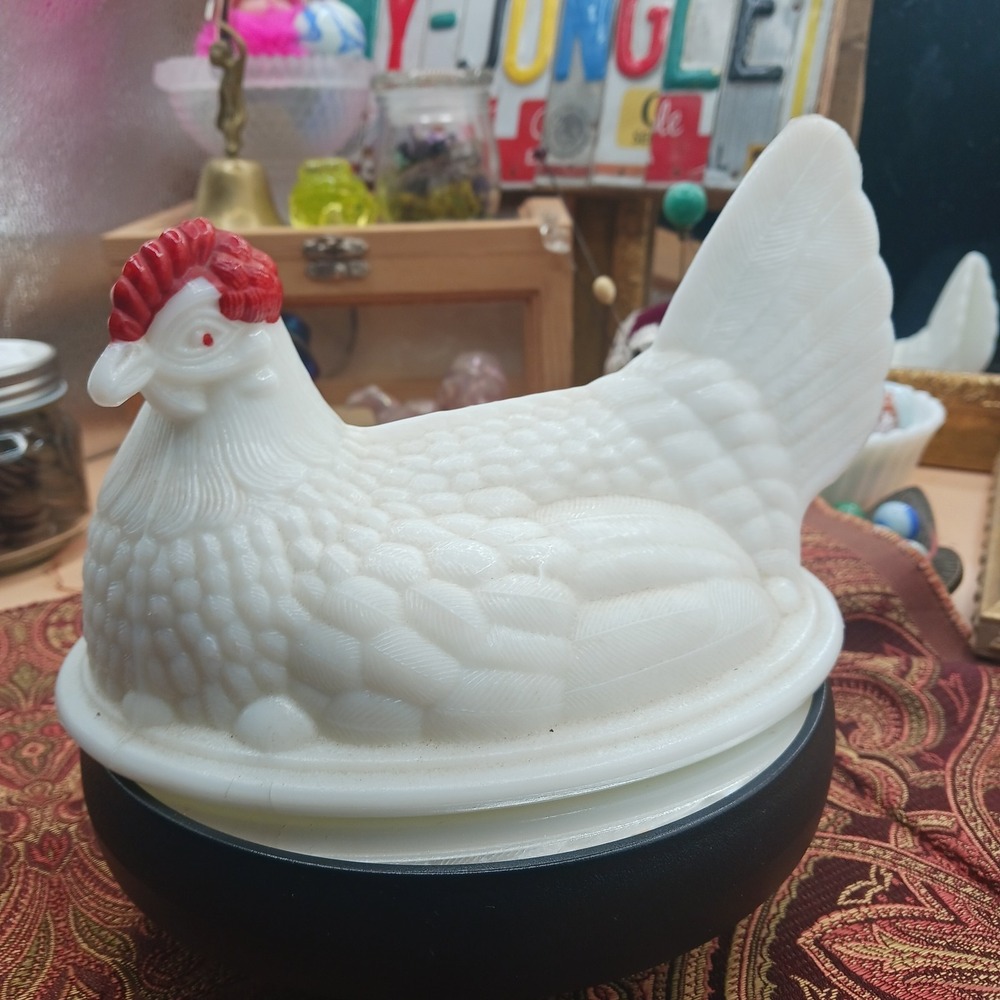 Vtg Westmoreland Hen On Nest HON White Milk Glass Split Tail TOP LID Only *Crack